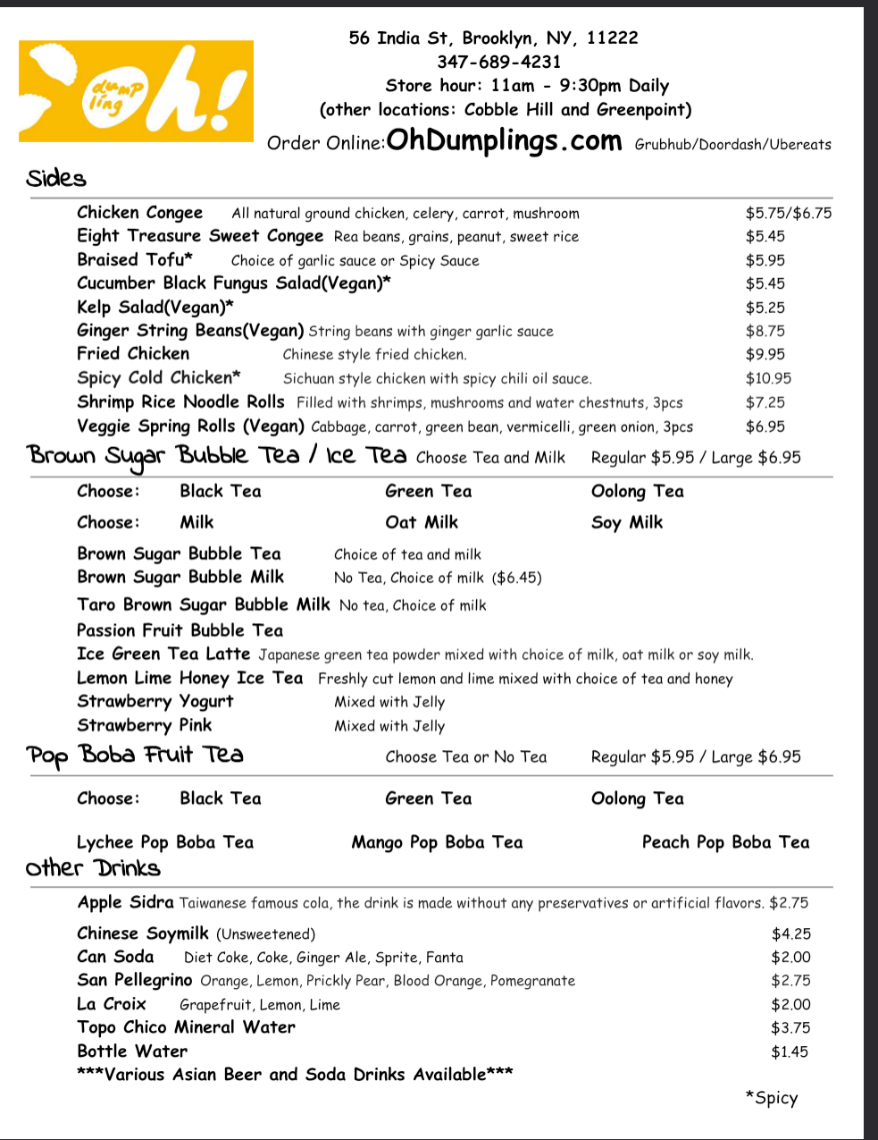 Oh! Dumplings's menu