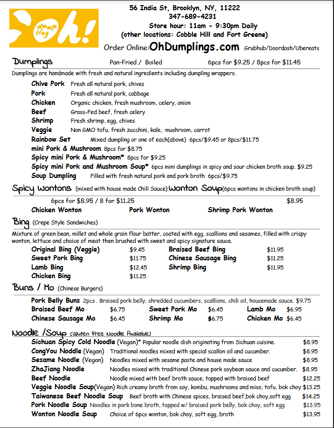 Oh! Dumplings's menu